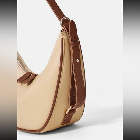 Beige handbag shoulder bag purse with brown contrast lining - faux leather - Picture 6 of 10